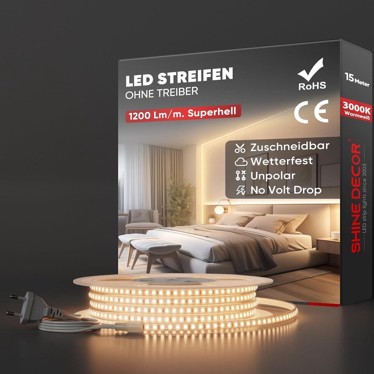 SnelShoppen - LED Strip 15 m Warm Wit AC 220V 230V IP65 Waterproof SMD 2835 120 LEDs/m Ultra Helder voor Keuken, Tuin, Feesten en Decoratie