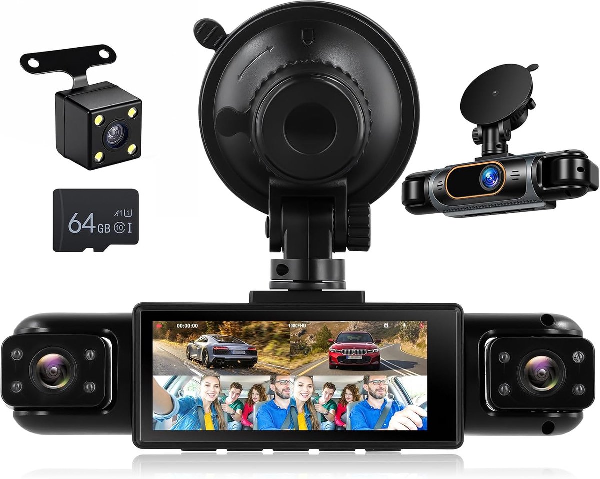 SnelShoppen - Dash Cam Achteruitkijkspiegel 4 Kanalen, 3,16 Inch IPS, 1080p Quad-Camera, DVR met Loop-opname, Nachtzicht, Parkeerhulp + 64 GB TF-kaart
