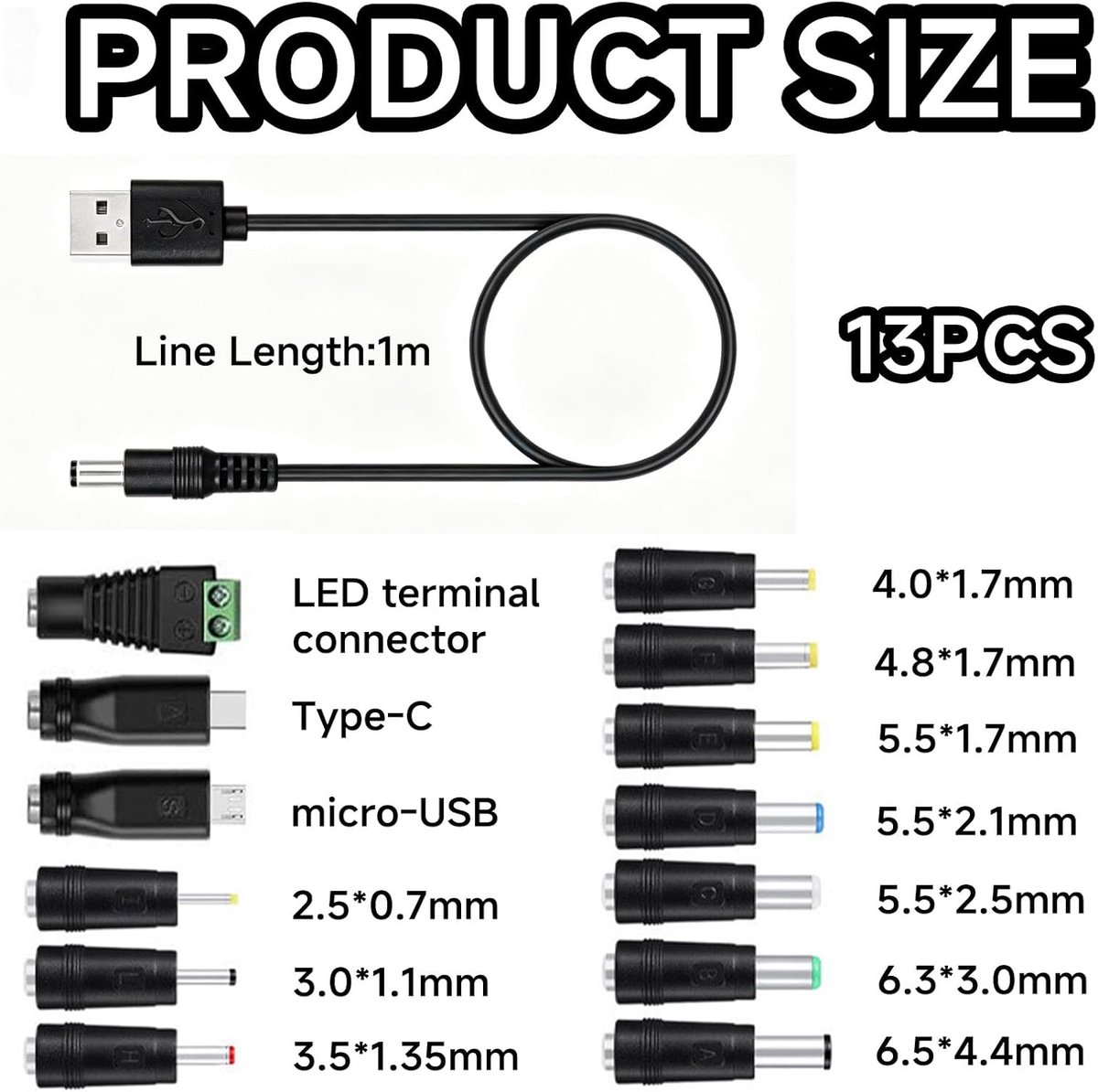 SnelShoppen - Universele Oplader USB A naar DC met 13 Verwisselbare Adapters en 1 Meter Kabel - Snelle en Stabiele Oplader voor Thuis en Kantoor, Comp