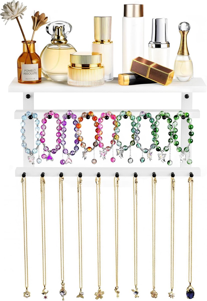 SnelShoppen - 3 Laags Wandhouder Houten Sieradenstandaard met 19 Haakjes en Tray voor Kettingen, Armbanden, Cosmetica en Parfum (Wit)