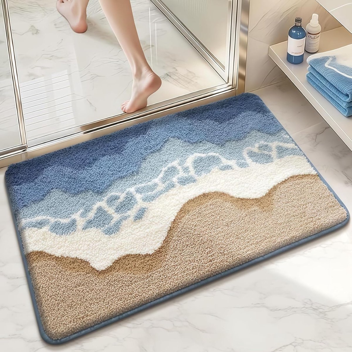 SnelShoppen - Badkamerkleed 50 x 80 cm met Strand Patroon, Zacht Antislip Materiaal in Bruin en Blauw voor Badkamers en Douches
