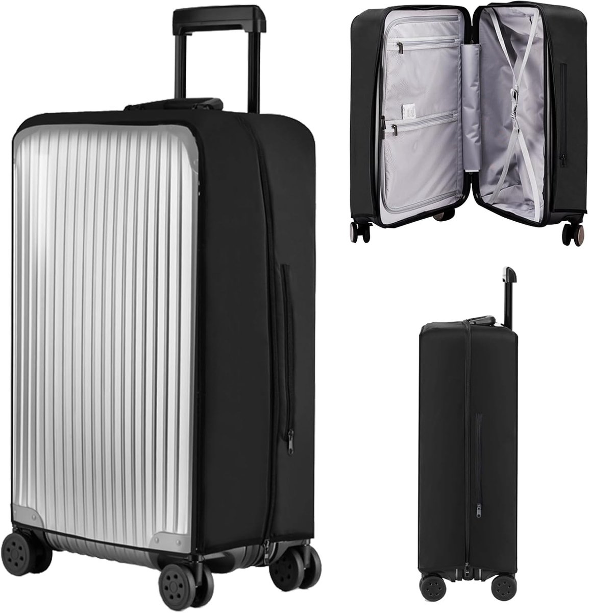 SnelShoppen - Transparante Elastische Koffer Cover met Rits, Waterdichte PVC Beschermhoes voor Reiskoffer, Anti-Kras Trolley Hoes 24 inch Zwart