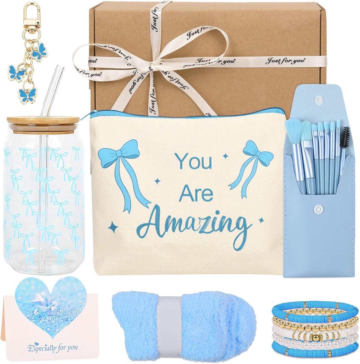 SnelShoppen - Geschenken voor meisjes 8-15 jaar: glazen beker met deksel en rietje, make-up kwasten sleutelhanger, toilettas, 5-in-1 armband, verjaard