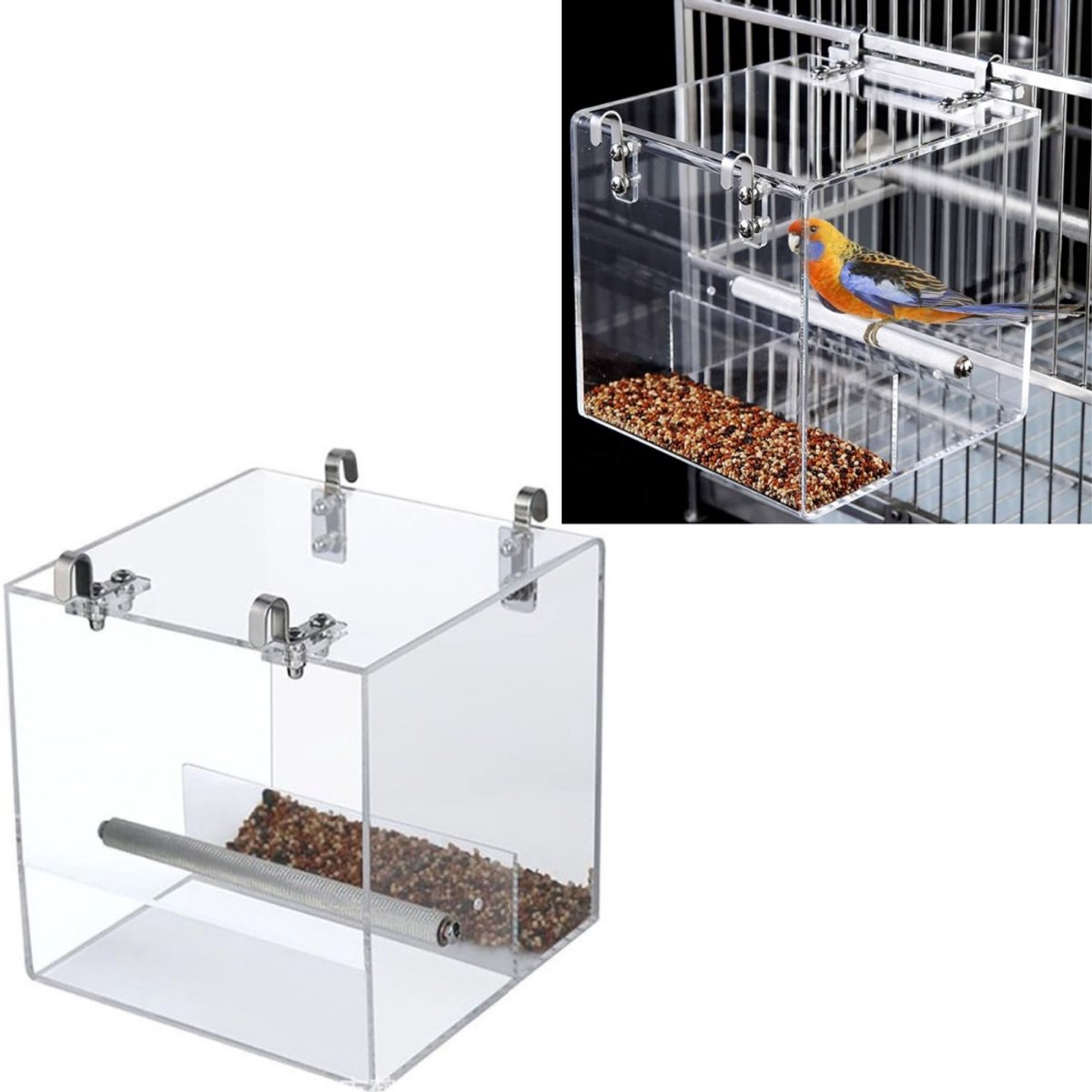 1 stuk - Automatische vogelvoederbak van acryl - Ophanghaak van roestvrij staal - Waterdispenser - Voerbakje - 13*11*13 cm - Voor het voeren van kleine papegaaien en kanaries, voorkomt morsen - Transparante originele kleur