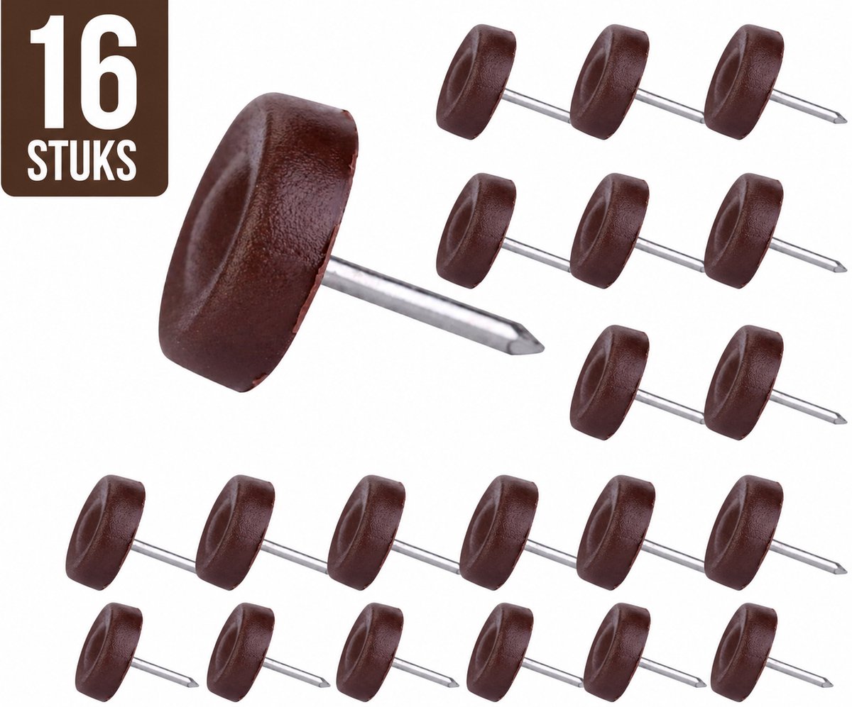 Meubelglijders met spijker – Ø18 mm – 16 stuks – Bruin – Kunststof – Voor Tapijt of Vloerkleed FSW-Products