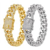 Set van 2 schakel armbanden voor heren – goudkleurig en zilverkleurig – met grove schakels en ingelegde glinstersteentjes – herenstijl – opvallend design