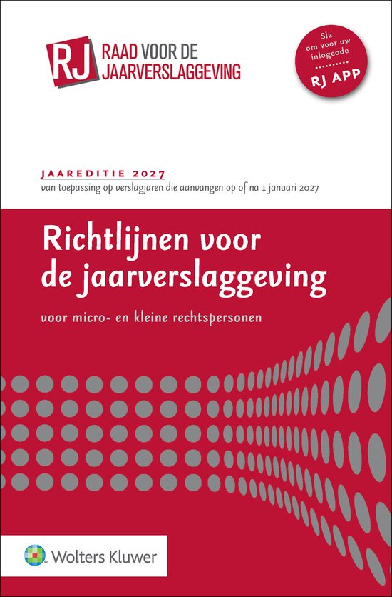 Boek met rode en grijze cirkels. Titel: Richtlijnen voor de jaarverslaggeving voor micro- en kleine rechtspersonen 2027.