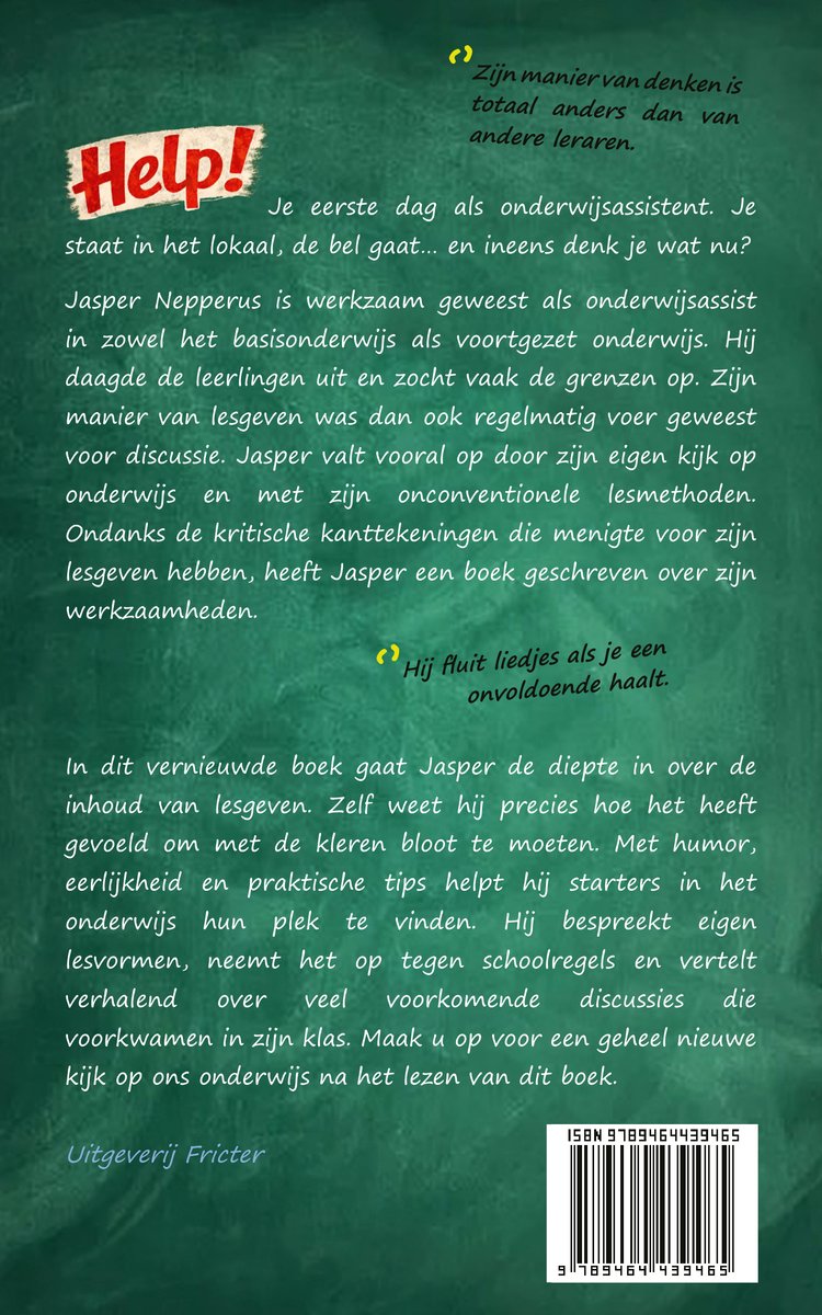 Boekomslag met de titel 'Help!'. Tekst beschrijft Jasper Nepperus, een onderwijsassistent.