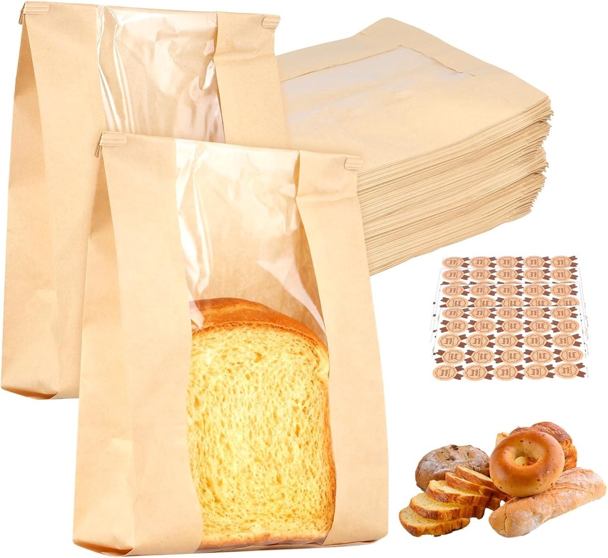 Grote papieren broodzakken met venster, 100 stuks, 35 x 21 x 9 cm, ideaal voor brood, gebak en geschenken