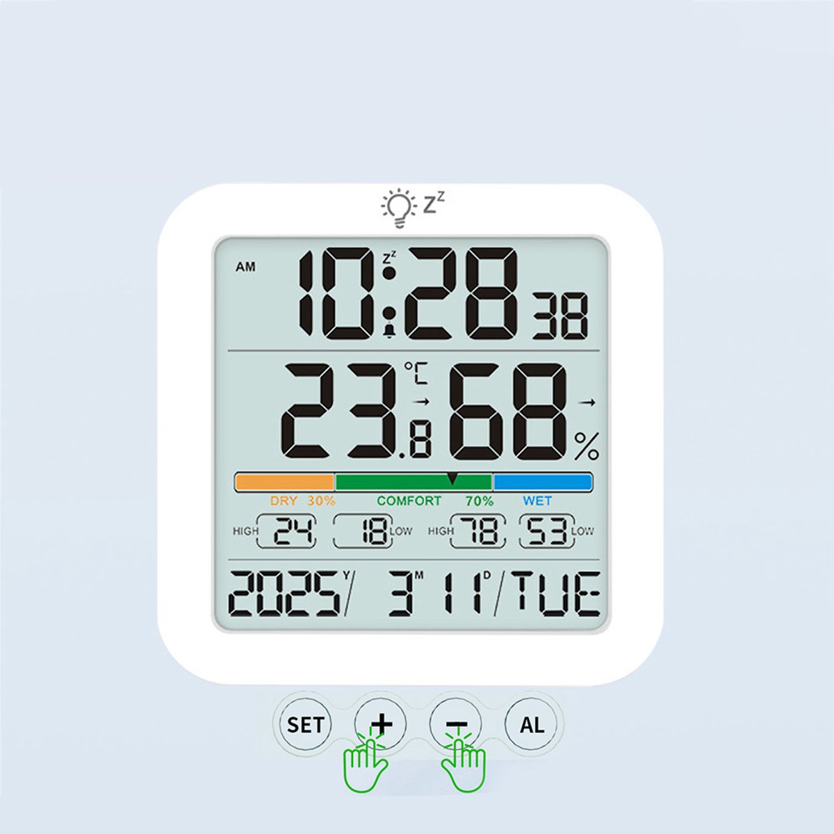 Digitale thermometer en hygrometer - Draagbaar - Met achtergrondverlichting - Zeer nauwkeurige binnenthermometer en hygrometer - Geschikt voor klimaatbeheersing en luchtkwaliteitsmonitoring - Multifunctioneel - Werkt op batterijen - Wit