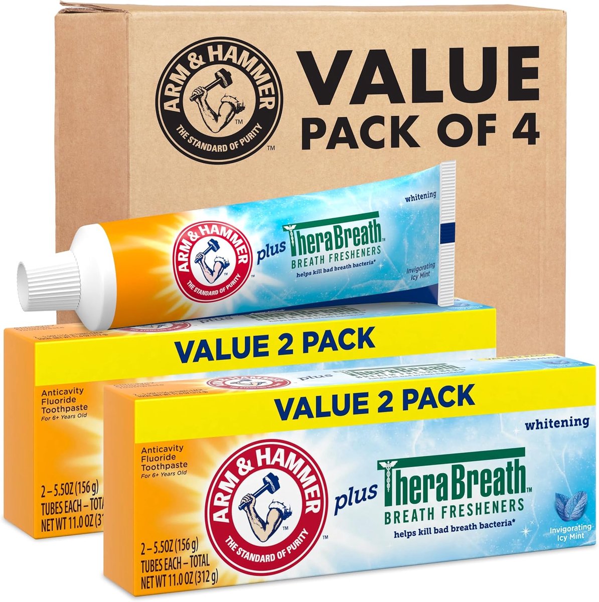 Arm & Hammer Tandpasta + TheraBreath Mondverfrissers – Icy Mint – Wittere Tanden & Fluoride – Set van 4 – 312 g