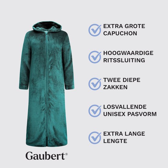 Tealgroene badjas met capuchon, ritssluiting, steekzakken en extra lange lengte.