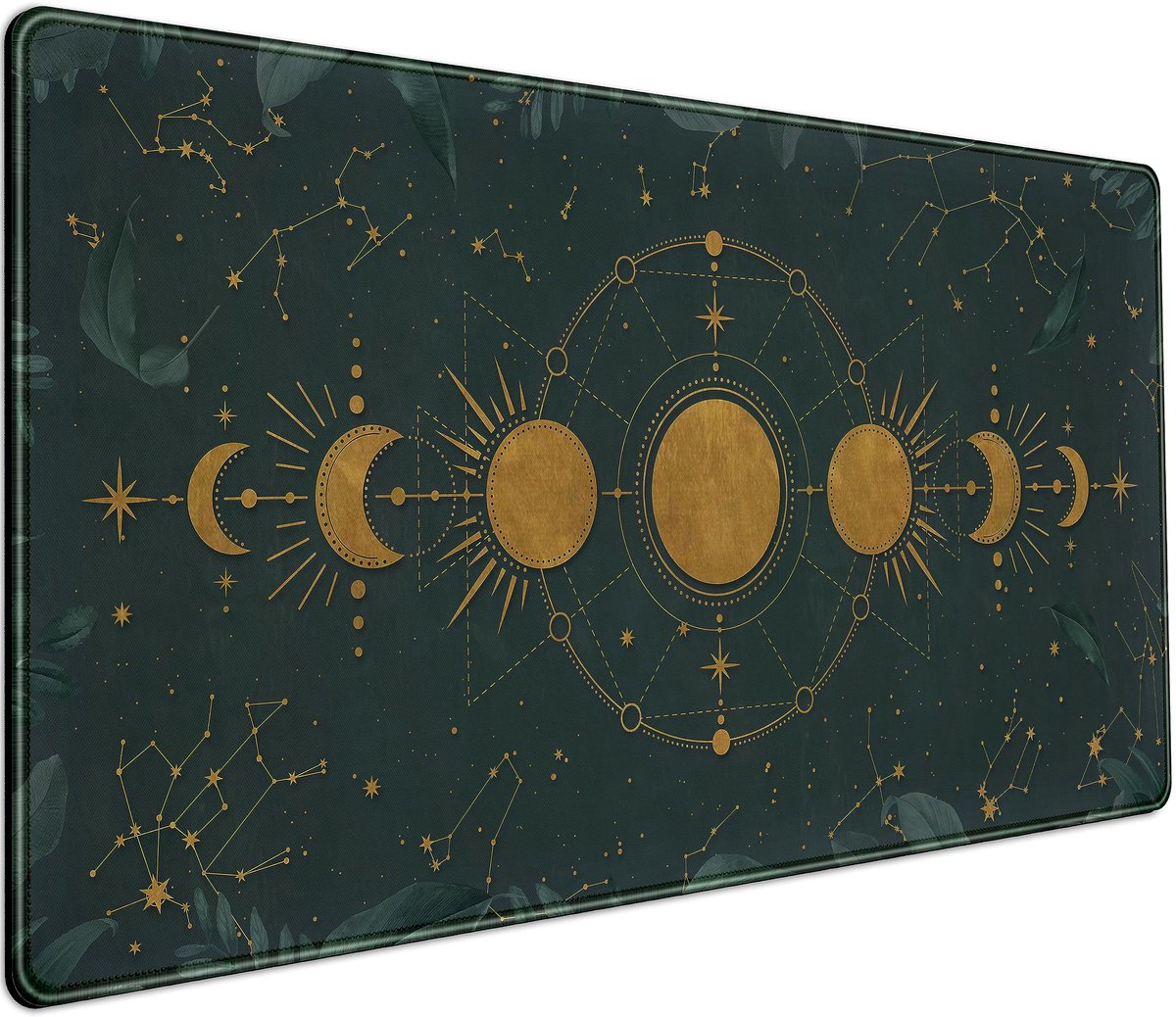 SnelShoppen - Donkere Academia XXL Muismat 80x40 cm, Bosgroen met Gouden Maanfasen, Antislip Rubberen Basis, Gestikte Randen, Gaming en Bureaumat voor