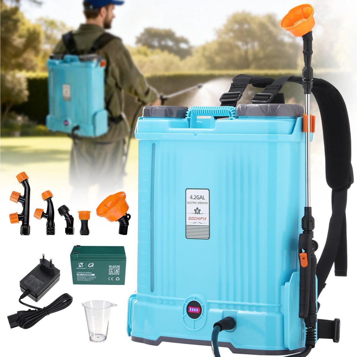 Elektrische drukspuit 16L (4,2 Gallon) Blauw – USB oplaadbaar – automatische roerfunctie – traploos instelbare druk – 5 sproeikoppen – telescopische lans – LED-indicator – verstelbare draagriemen – draagbare tuinsproeier voor tuin & gazon