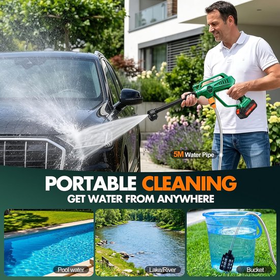 Accu Hogedrukreiniger 800 PSI met 3 Drukstanden - Draadloze Hogedrukspuit met 6-in-1 Sproeikop, Schuimsproeier en 5 Meter Aanzuigslang - Voor Auto, Fiets, Boot, Terras en Tuin — afbeelding 3