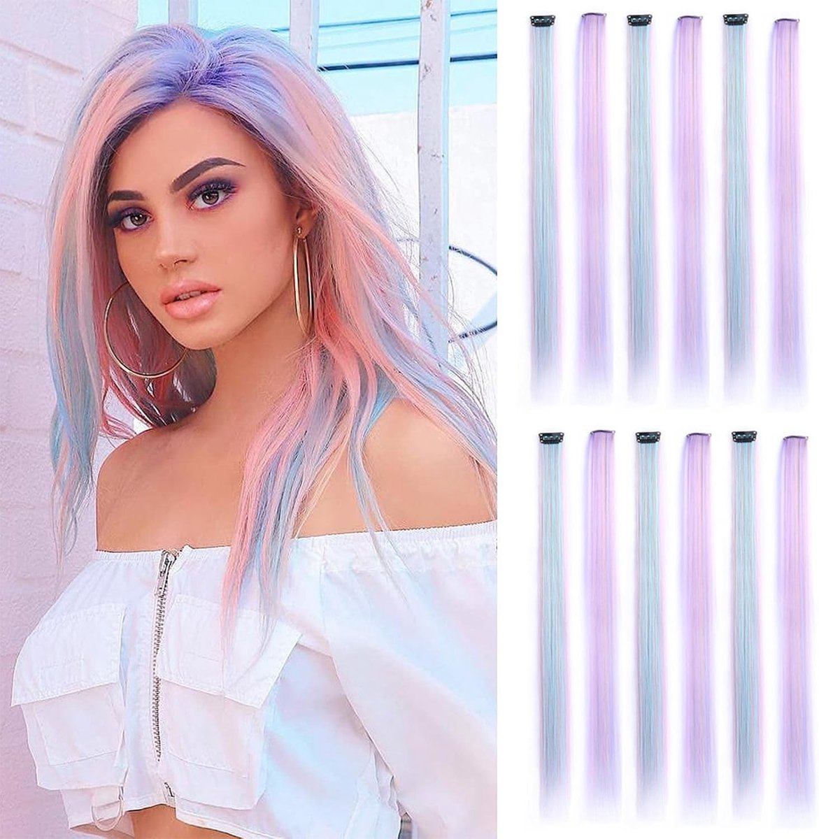 Set van 10 Kleurige Haarclips voor 55 cm Lange Steile Haarverlengingen - Multicolor Party Highlights en Gekleurde Haaraccessoires voor Vrouwen en Meisjes