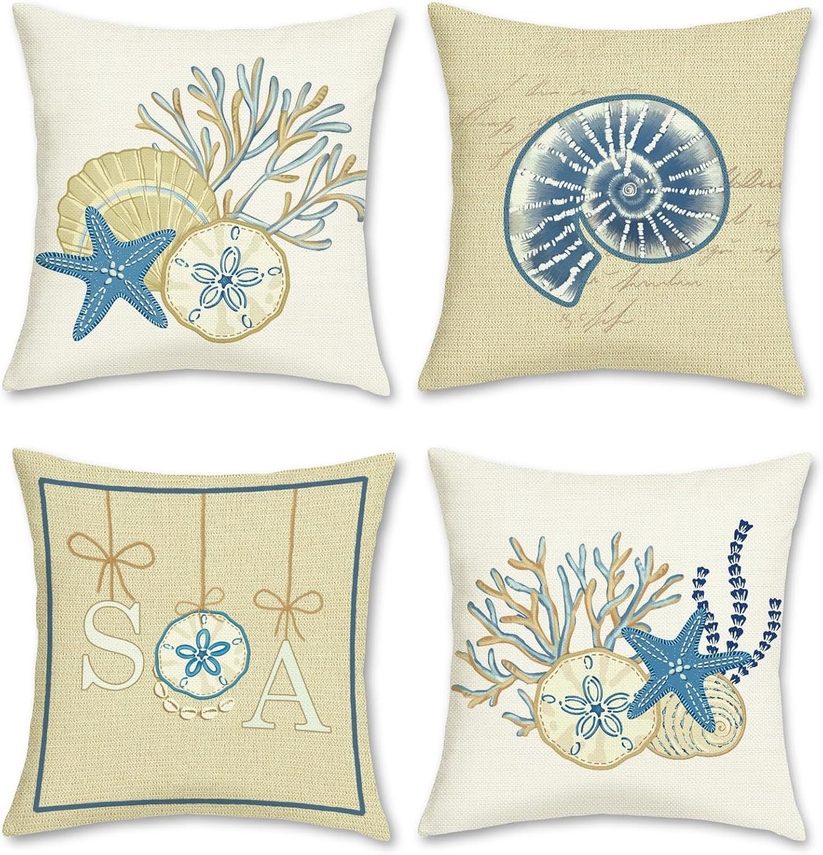 Coastal Kussenhoezen 45 x 45 cm, Set van 4, Decoratief met Sterren en Schelpen voor Woonkamer, Sofa en Thuis, Zomer Beige Blauw