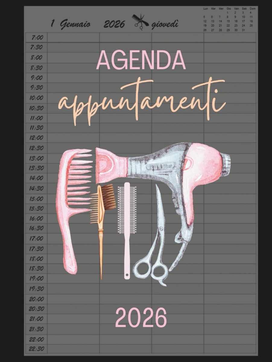 SnelShoppen - Agenda Appuntamenti 2026 voor Parrucchieri - Dagelijkse Planner A4 met 4 Kolommen, 30 Minuten Intervallen, 12 Maanden van Januari tot De