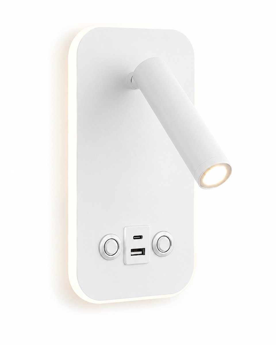 VHV - Wandlamp met leeslamp - Dimbare LED bedlamp met USB-A en USB-C - 8W + 3W - Wit - Voor slaapkamer