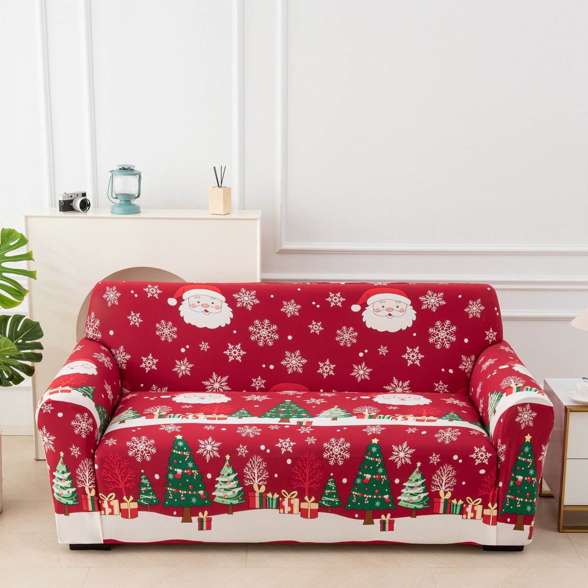 Kerst Bankhoes – Elastische Stretch Bankovertrek – Antislip & Wasbaar – Volledige Bescherming – Kerstprints – Rood – Voor 1-Zits Bank – 90–140 cm – 1 Stuk