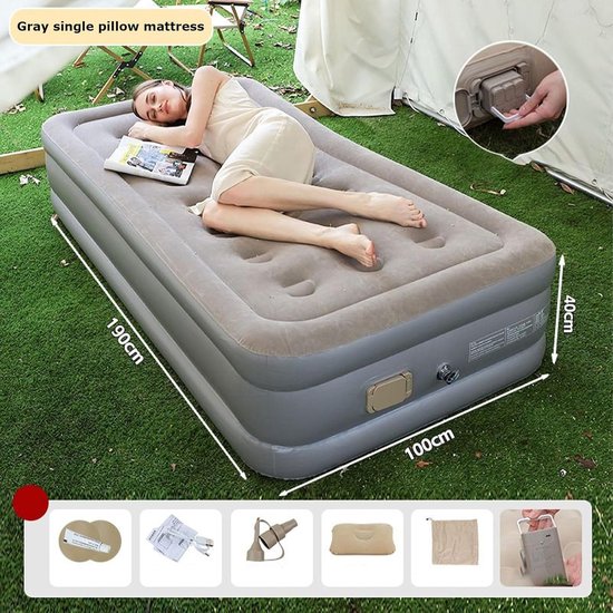 Luchtmatras Dubbel - Opblaasbaar Bed - Kamperen Slapen - Dubbele Ingebouwde Pomp - 33x33x33cm - Grijs — afbeelding 2