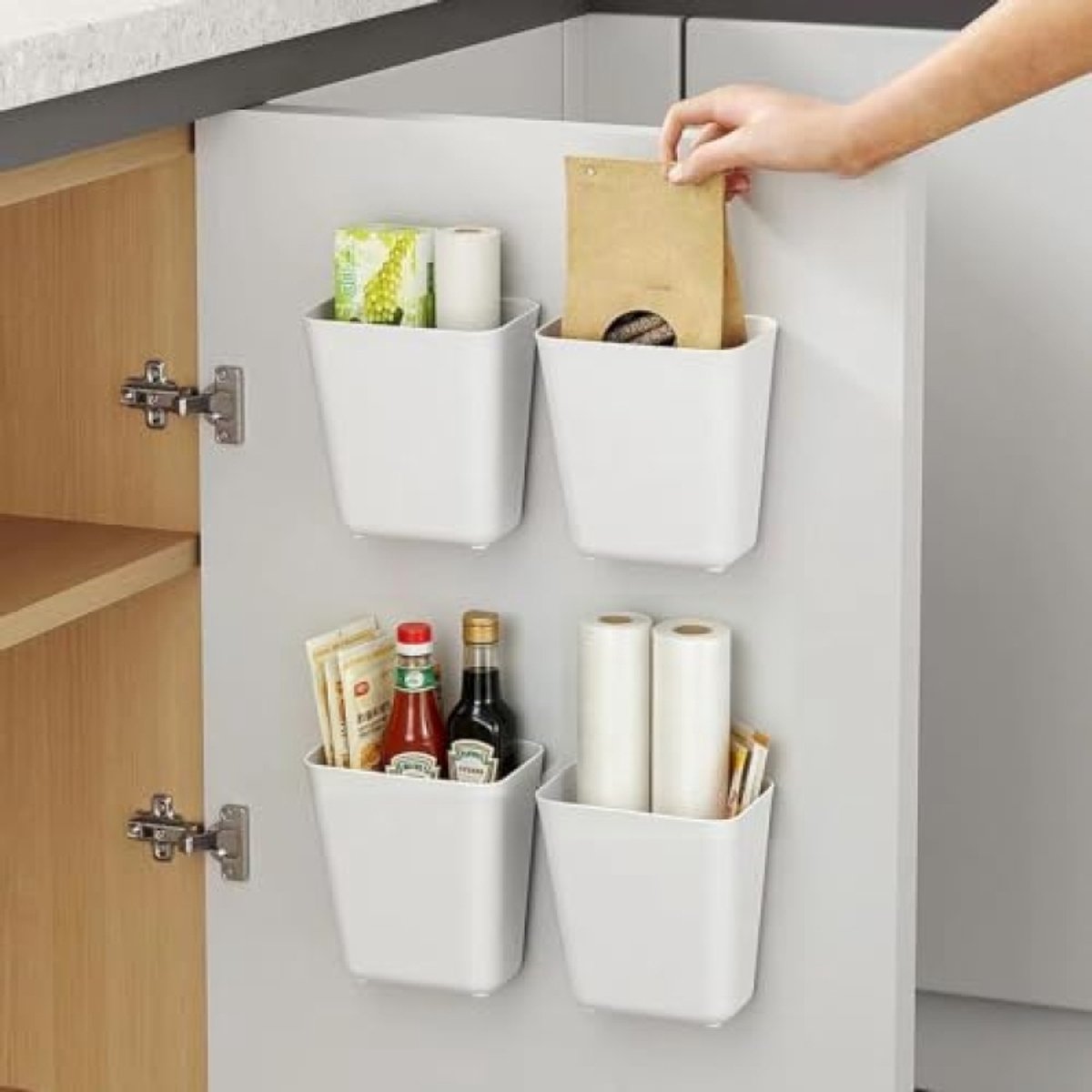Huis Geluk 4-delige zelfklevende opbergdoos voor keukenkastdeur, wandmontage, voor kleine voorwerpen in kledingkast/badkamer/koelkast, wit