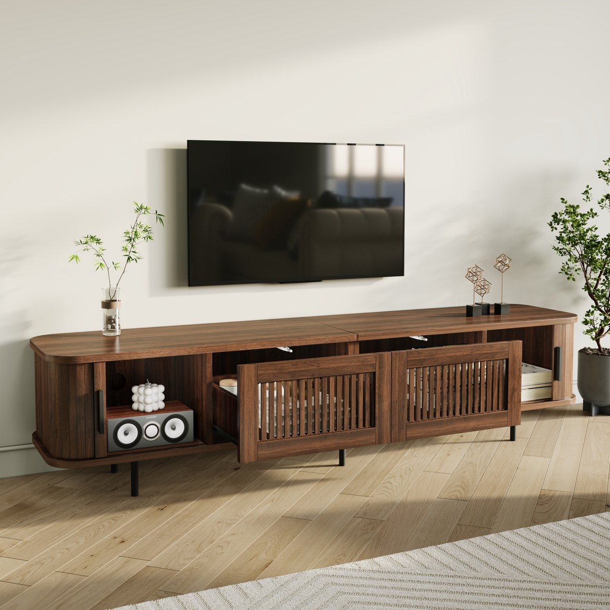 REDOM - TV meubel - afgeronde hoeken - 2 lades en 2 schuifdeuren - app-gestuurde ledverlichting - Scandinavische stijl - woonkamer - MDF en spaanplaat - Walnoot - 180 x 40 x 44,5 cm