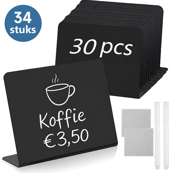 Zwart bordje met "Koffie €3,50" en koffiekop-illustratie, deel van een set van 30 of 34 stuks.