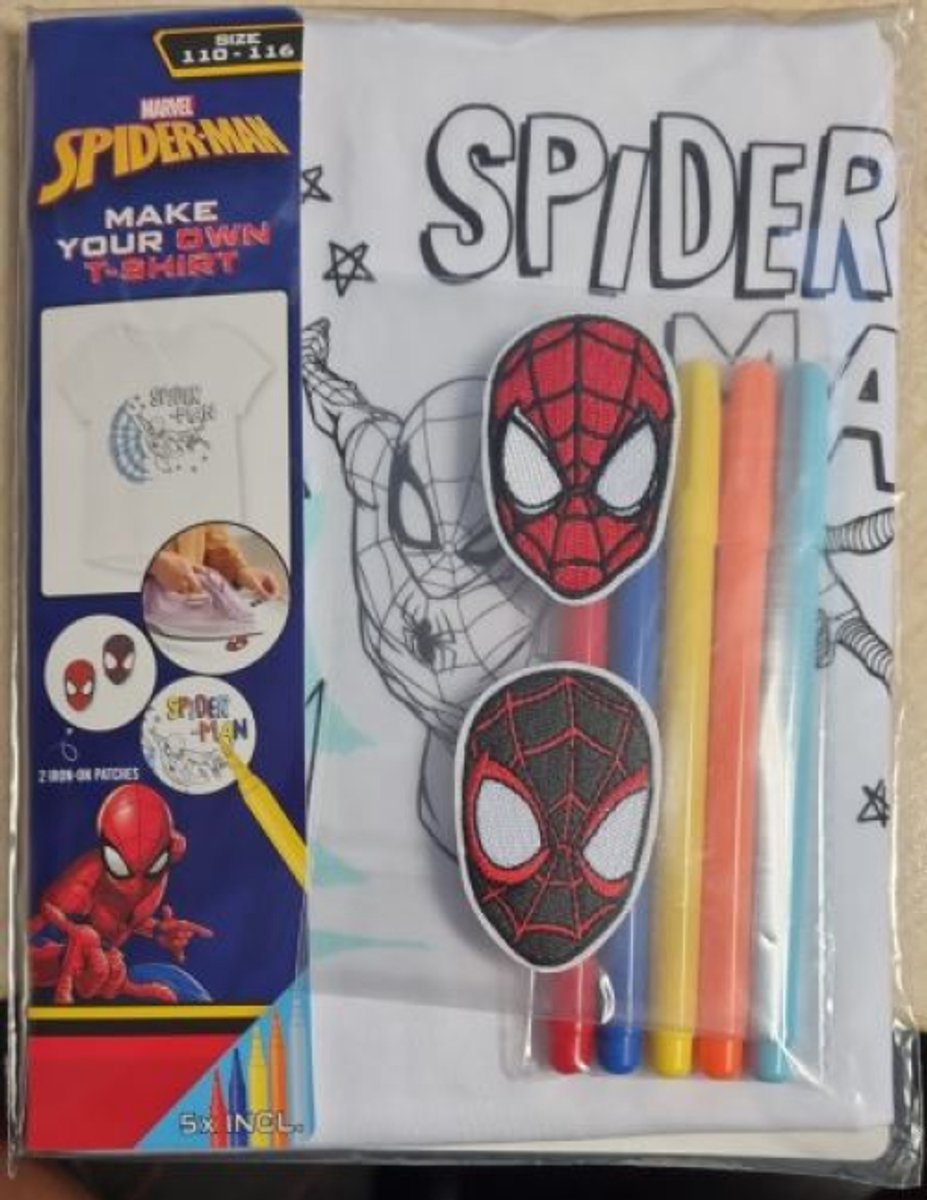 Spiderman T-shirt maken- maak je eigen spiderman T-shirt- kleuren - plakken - maat 110-116