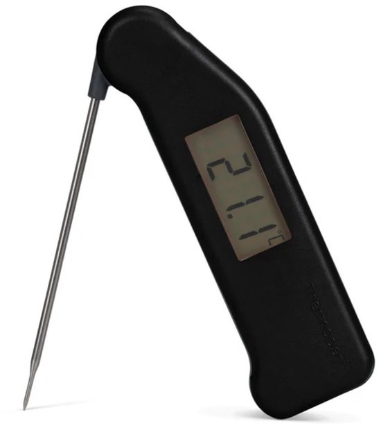 Zwarte digitale thermometer met uitklapbare roestvrijstalen probe, weergave 21.1.