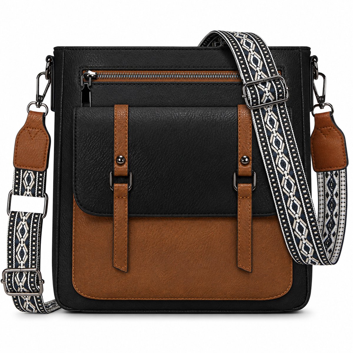 Bobypet - Elegante Dames Schoudertas van Zacht PU Leer - Crossbody Tas met Brede Schouderband - Middelgrote Handtas & Reistas met 6 Vakken - Zwart en Bruin