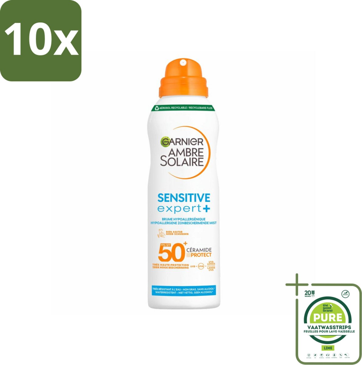 10 x Garnier - Ambre Solaire - Mist Spray - Sensitive Expert+ - SPF 50+ - 150 ml - Grootverpakking - Zonnebrand - Zonnebescherming - Gevoelige Huid - SPF 50 - Mist Spray