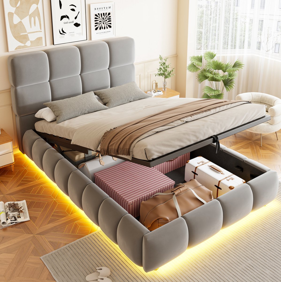 MIVRAY Gestoffeerd Bed 90x200 cm Zonder Matras - Bed Met Opbergruimte En Ledverlichting - Voor Volwassenen En Logeerkamer - Fluweel - Grijs