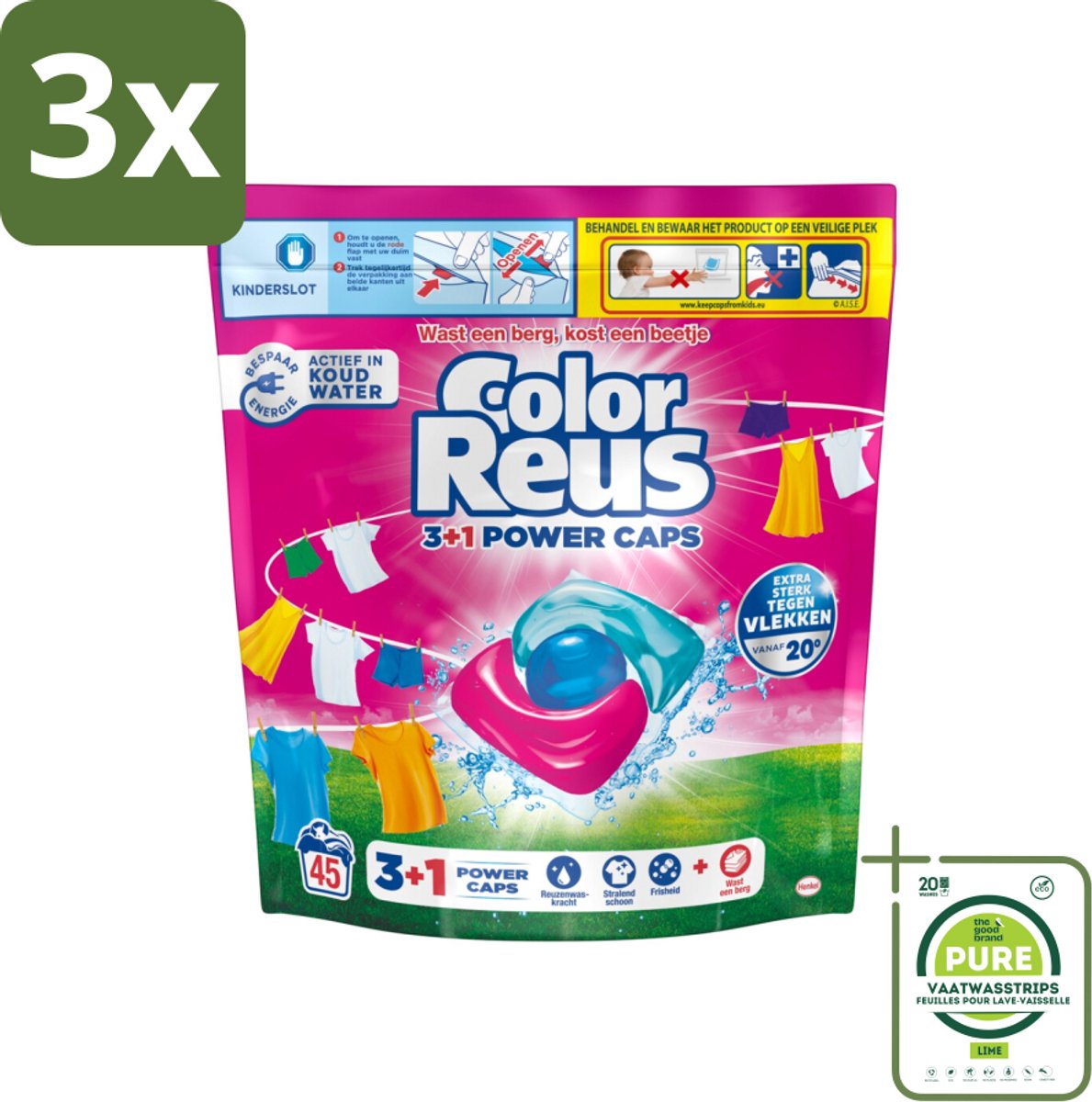 3 x Color Reus - 3+1 Power Caps - Gekleurde Was - 45 Wasbeurten - Grootverpakking - Wascaps - Kleurwas - Wasmiddel Capsules - Vlekkenverwijderaar - Kleurbescherming