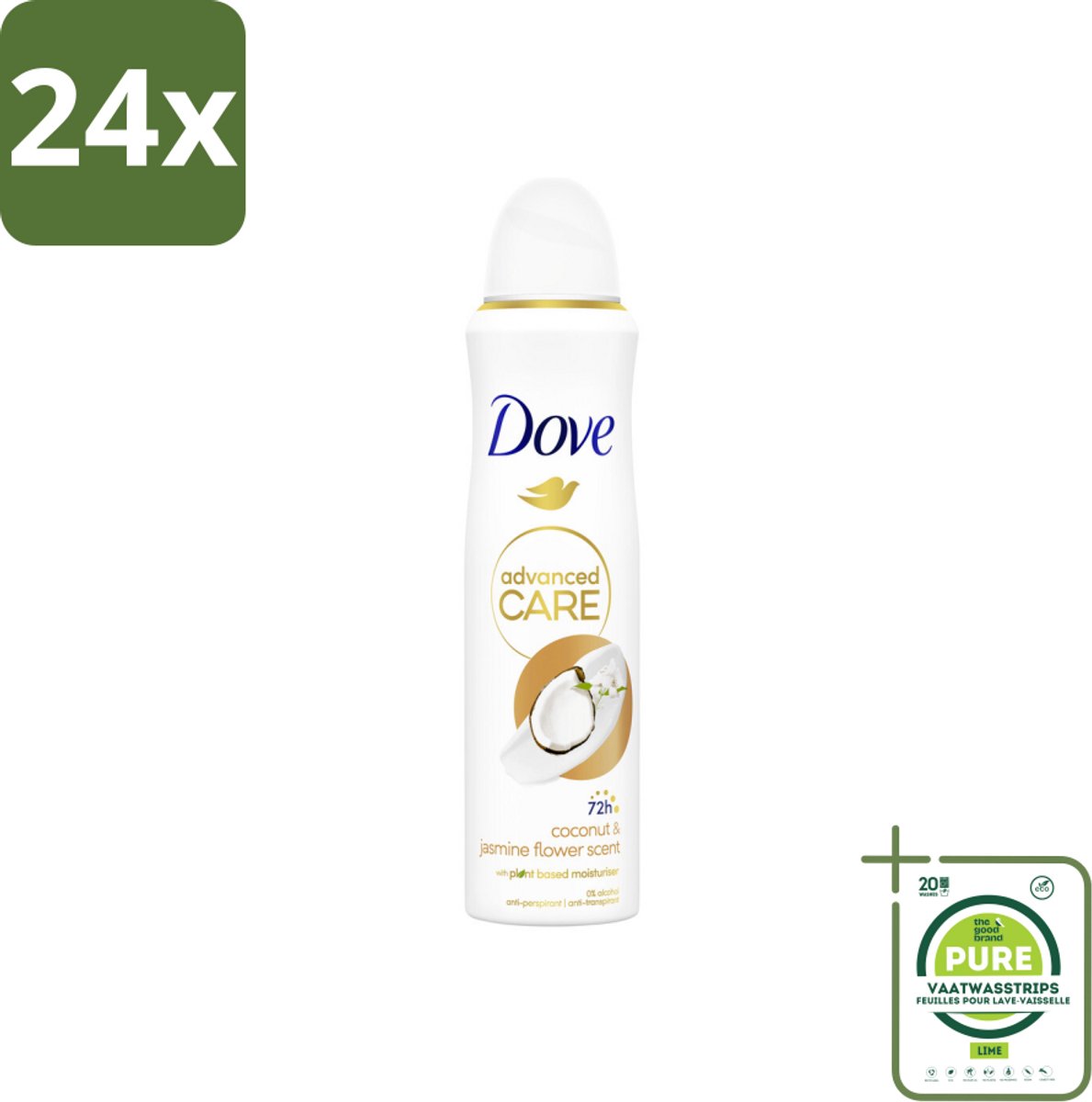 Dove Deodorant Spray - Advanced Care - Kokos & Jasmijnbloem - 150 ml - Voordeelverpakking - 24 stuks - Deodorant spray - Anti-transpirant