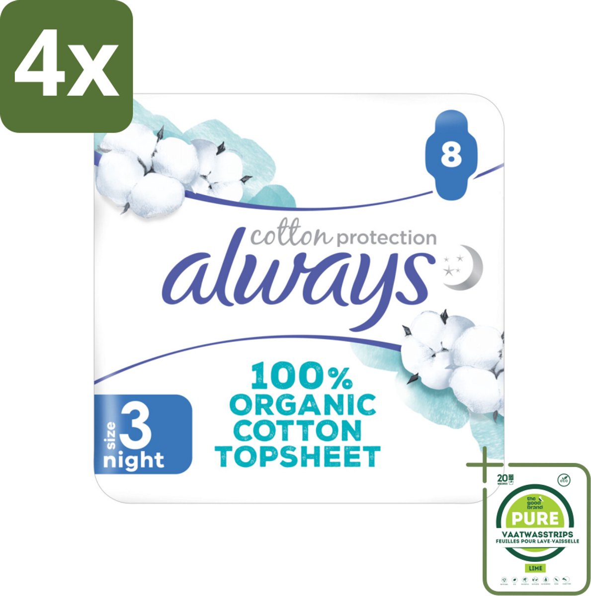 Always - Maandverband - Night - Cotton Protection - Met Vleugels - 8 Maandverband - Voordeelverpakking - 4 stuks - Nachtverband - Maandverband