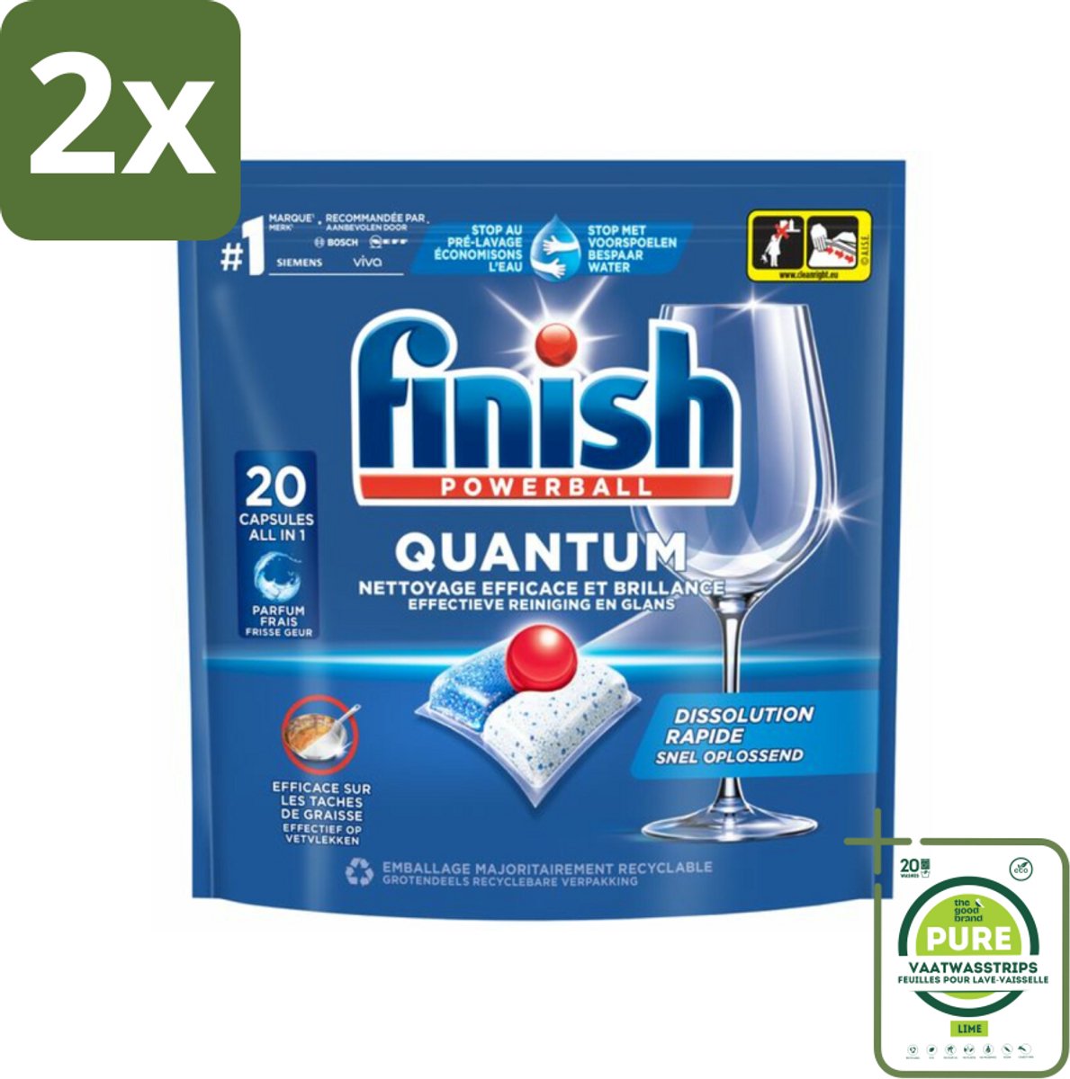 Finish - Vaatwasmiddel - Quantum Vaatwastabletten Regular - Diepe Reiniging - 20 capsules - Voordeelverpakking - 2 stuks - Vaatwastabletten - Diepe reiniging