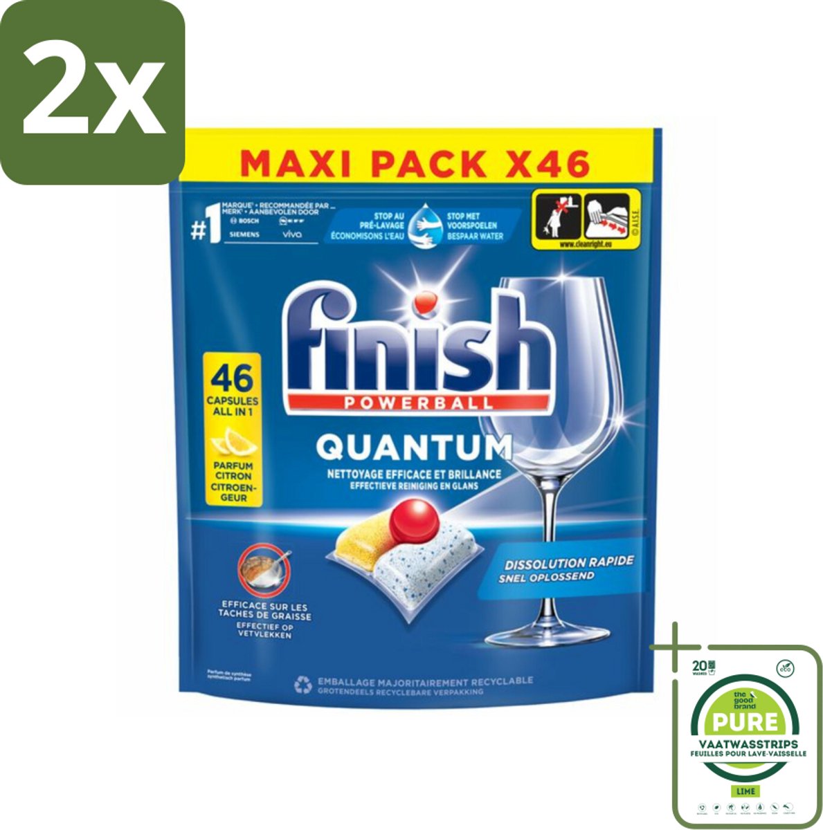 Finish - Vaatwasmiddel - Quantum Vaatwastabletten Citroen - Diepe Reiniging & Frisheid - 46 capsules - Voordeelverpakking - 2 stuks - Vaatwastabletten - Vaatwasser