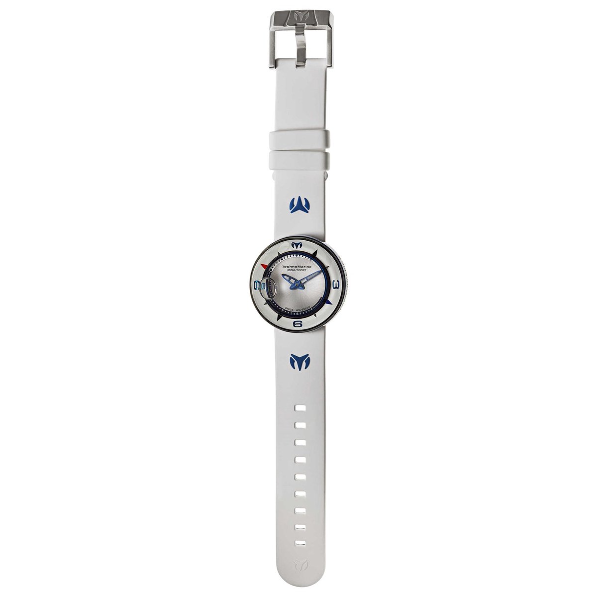 TechnoMarine Aquasphere 813001 Herenhorloge – 42 mm – Swiss Quartz – Zilverkleurige Dial – Blauw/Witte Silicone Band – 10 ATM