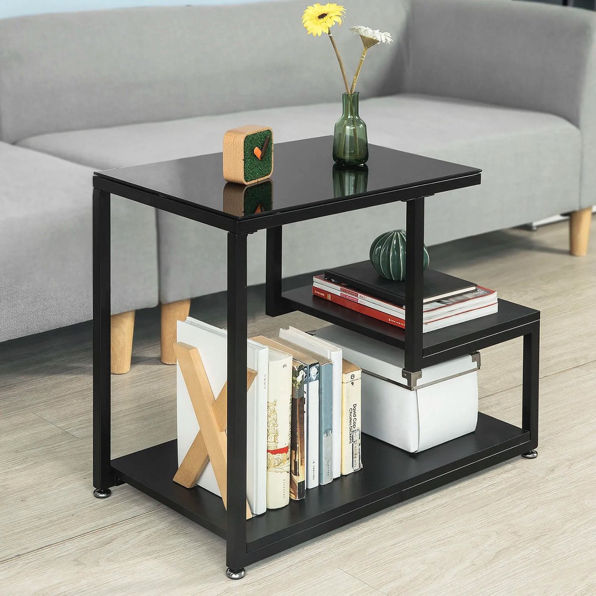 Archi Bijzettafel – Salontafel - Salontafel Zwart -Gehard Glazen Blad – 3 Opbergplanken – Industrieel – Zwart – 65 × 35 × 55 cm