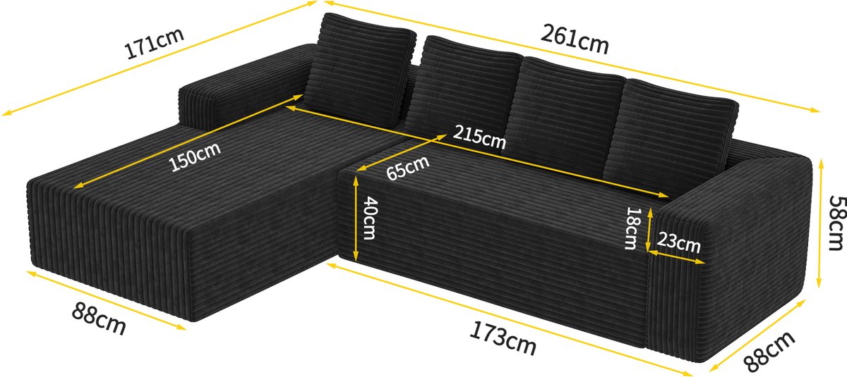 MEUNIQ L-vormige hoekbank 261 x 171 x 58 cm, modulaire bank met chaise longue links, slaapfunctie, stoffen bekleding voor woonkamer, zwart