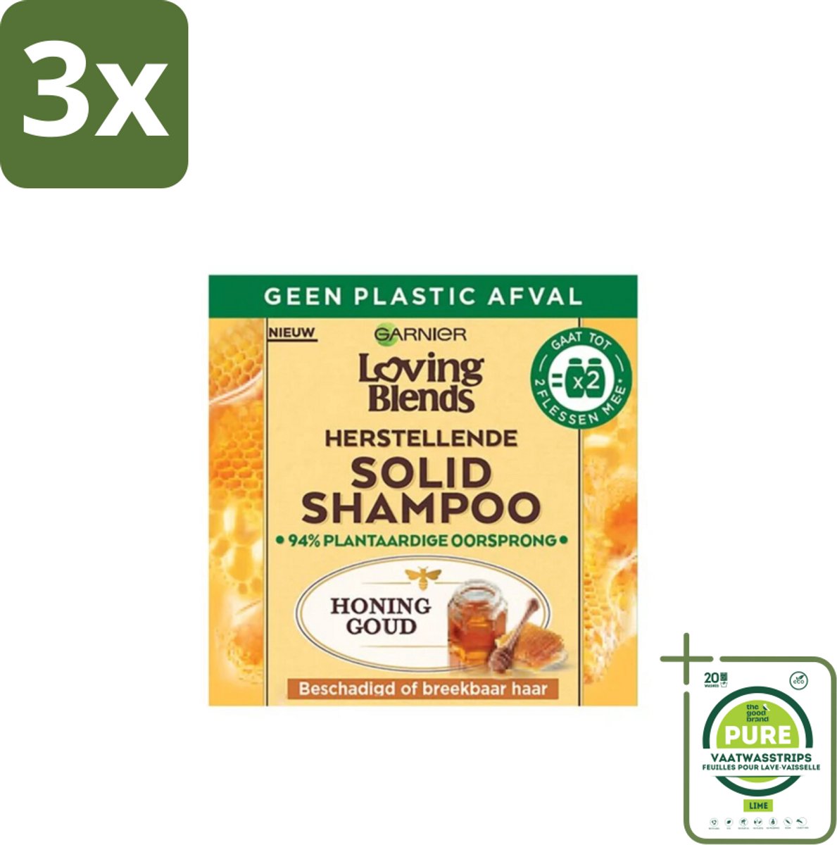 3 x Garnier - Loving Blends - Solid Shampoo - Honing Goud - Beschadigd of Breekbaar Haar - 1 Fles Shampoo - Grootverpakking - Vaste Shampoo - Shampoo Bar - Biologische Shampoo - Duurzame Shampoo - Shampoo Zonder Plastic