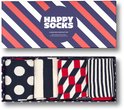Open Happy Socks geschenkdoos met 4 paar sokken: polkadots, strepen, geometrisch patroon.