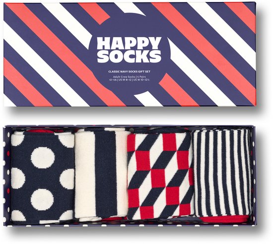 Open Happy Socks geschenkdoos met 4 paar sokken: polkadots, strepen, geometrisch patroon.