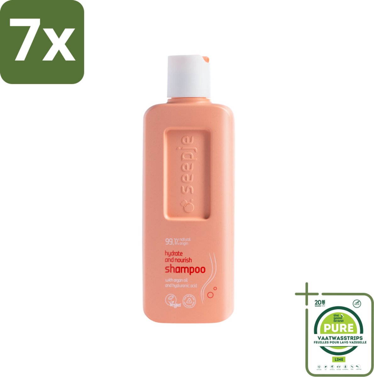 7 x Seepje - Hydrate & Nourish Shampoo - Intense Hydratatie voor Gezond Haar - 300 ml - Grootverpakking - Hydraterende Shampoo - Argan Olie - Rijstproteïnes - Hyaluronzuur - Droog Haar
