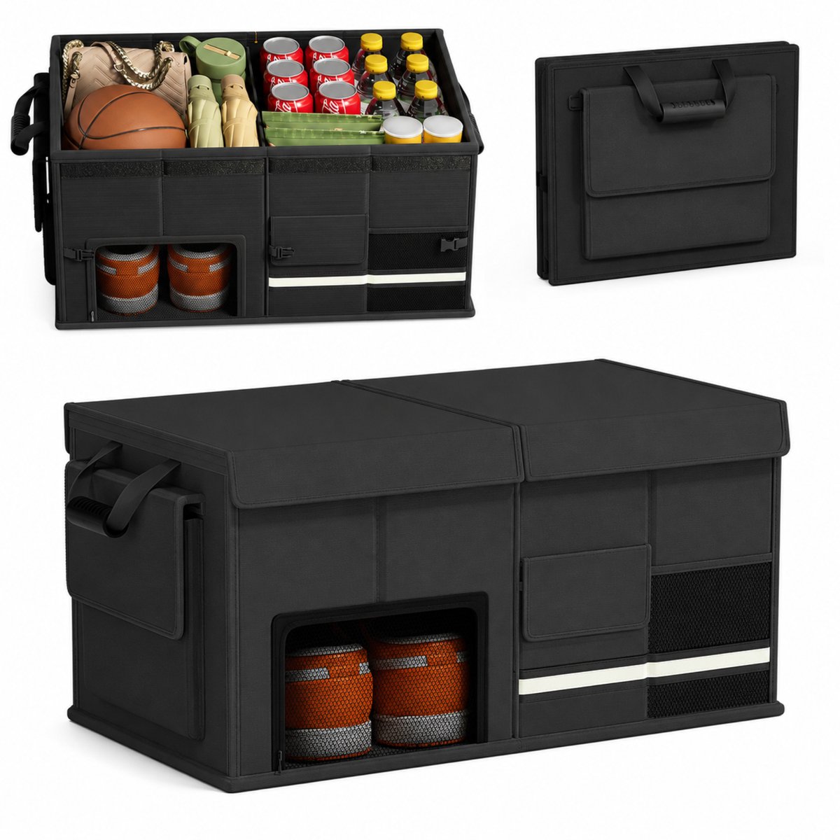 Noventra - Kofferbak Organizer - Opvouwbare Auto Organizer 60L - Kofferbak Opbergbox - Auto Opbergbox met Deksel - Opbergbox Auto - Zwart