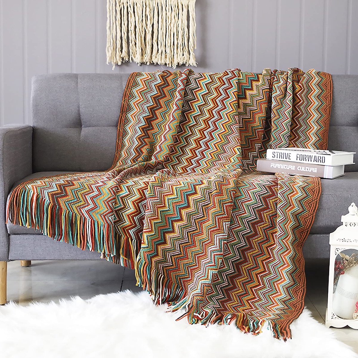 Omgoods - Geknoopt Dekentje met Kwastjes - Bohemian Houndstooth Patroon