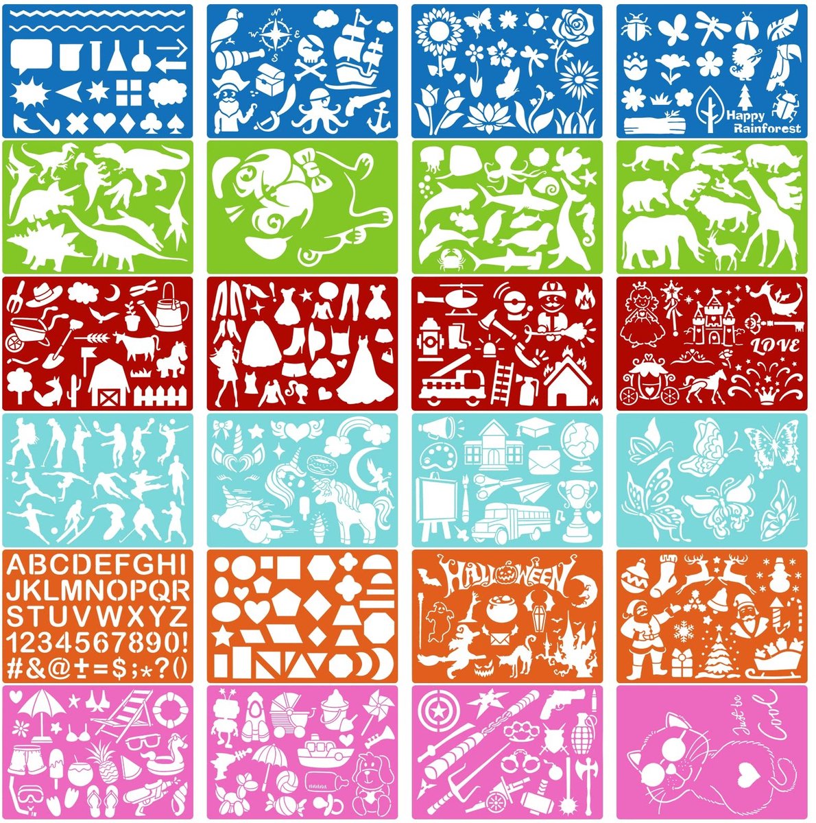 Omgoods- Kleurtekensjabloon 24 Stuks - Sjablonen Voor Kinderen - Dier/Sjablonen Prinses - Vlinder/Eenhoorn - Verjaardag/Halloween - Schildergereedschap
