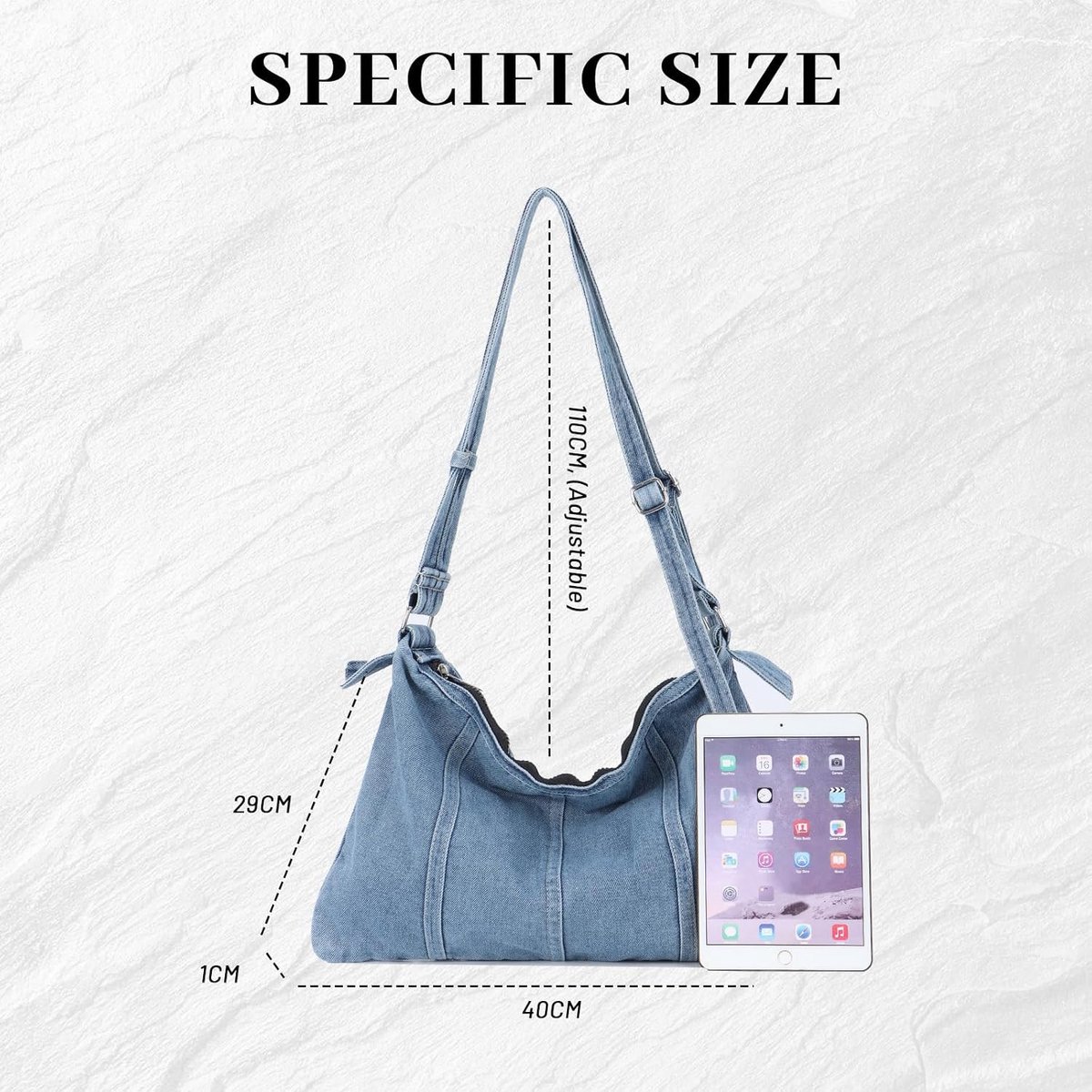 Denim schoudertas vintage denim tote tas schoudertas jeans shopper handtassen met riem, lichtblauw, Retro