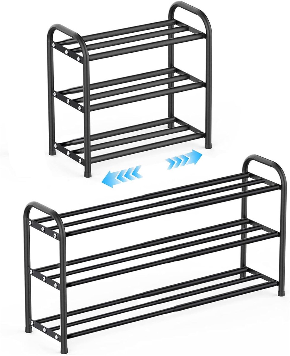 Omgoods - Uitbreidbare Schoenenrek voor Smalle Ruimtes, 3 Niveaus, Zwart Metaal